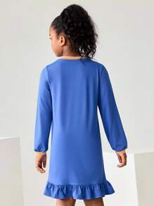 JNSQ Tween Girls Autumn Ribbed Collar Funny Number & Letter Print Loose Long Sleeve Dress, Suitable For Autumn/Winter Daily Wear, Outdoor Activities, Vacation, Streetwear, Party And Casual - Blue - View 6