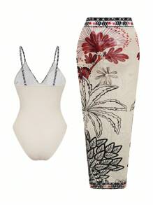 Swim Oasis 2 件女式夏季海滩度假印花吊带和可调节肩带连体泳衣，带长裹身裙，高级泳装套装