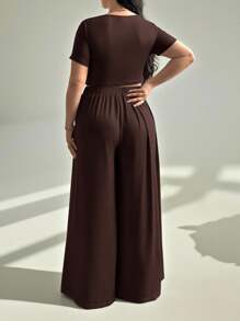 Auralis 大码夏季女士休闲套装、阔腿裤套装、夏季套装 - 咖啡棕 - 查看 3