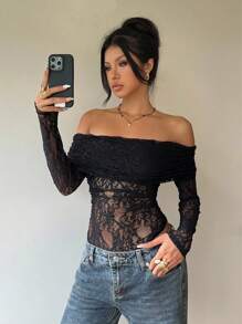 Muchica Women's Sexy Black Lace Off Shoulder Bodysuit - Black - View 4