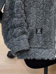 SHEIN 青少年男孩连帽休闲运动小麦纹理毛绒拉链夹克，适合通勤、上学、日常休闲、旅行、运动、秋冬