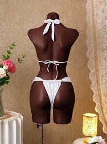 SHEIN Swim 2025 Women Solid Color Mesh Patchwork Lace Trim Beaded Drawstring Bikini Set, Summer - White - View 2