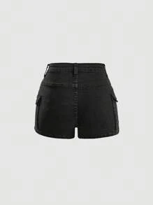 SHEIN Teen Girl Summer Y2K Low Waist Stonewashed Denim Shorts With Flap Pocket,Summer Brunch Graduation,Beach Vacation Teen Girl Casual,Country Concert/Rave, Black Denim Shorts - Black - View 2