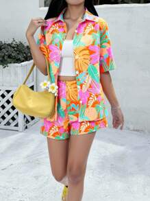 SHEIN Leap Crew 2pcs/Set Teen Girl Tropical Print Loose Shirt & Shorts Set, Spring/Summer, Vacation Style - Multicolor - View 7