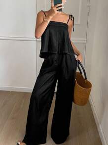 Livesso 女式夏季吊带宽松荷叶边下摆休闲牛仔连体裤 - 黑色 - 查看 3