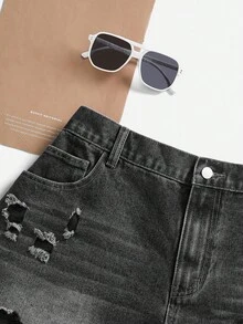 SHEIN MOD Plus Size Casual Street Style Everyday Denim Shorts, Summer - Black - View 4