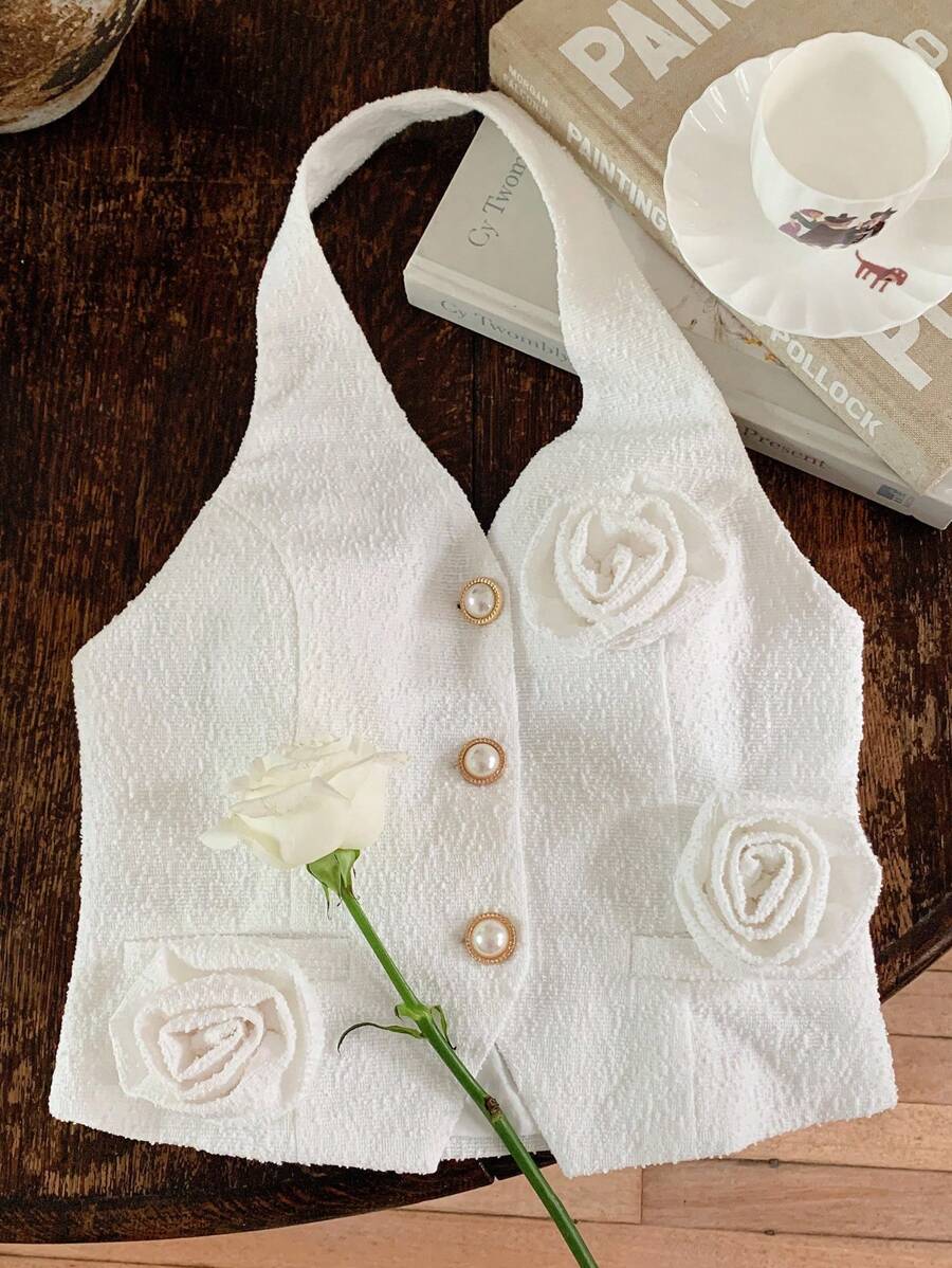 Comfortcana Women's Solid Color 3D Floral Decor Halter Neck Blouse - White - View 1