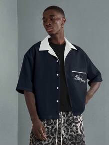 SUMWON Premium Summer Resort Bowling Shirt Short Sleeve Palm Springs Embroidered Casual Button Down Weekend Holiday Wear - Navy Blue - View 1