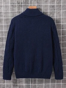 SHEIN 青少年男孩休闲半拉链毛衣，适合通勤、上学、休闲外出和运动 - 藏蓝色 - 查看 2