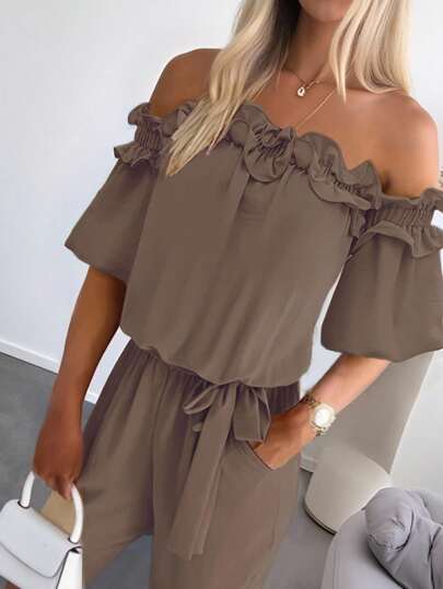 INAWLY Women's Summer Simple Solid Color Ruffle Off Shoulder Jumpsuit