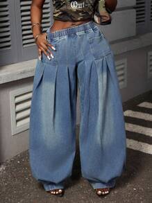 Slaydiva Quần Jeans/Quần ống rộng ống loe cỡ lớn - Màu xanh lam - Xem 1