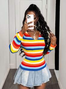 BamGleam Women V-Neck Long Sleeve Pullover Sweater, Colorful Ribbed Ribbed Slim Fit Slit Cuff Casual Knitted Top Fall Winter - Multicolor - View 6