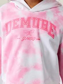 Tween Girl Pink And White Tie-Dye Graphic Print Oversized Sweatshirt,Autumn Casual School Back-To-School Loose Fit Pullover With Fun Letter & Pattern - Pink - View 5