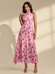 Almamuse Women's Tie-Dye Floral Print Dress With Flared Hem And Sleeveless High Collar - Coral Pink - View 6