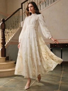 Anewsta Váy thắt eo cổ tròn thêu thanh lịch dành cho nữ, mùa thu - Màu be - Xem 5