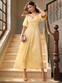 Anewsta Vestido mini ajustado de mujer con tirantes de espagueti, envolvente cruzado y cintura fruncida de unicolor - Amarillo - Ver 3