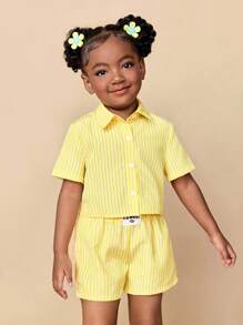 Travachic KIDS 2件套少女纯色条纹休闲衬衫和短裤套装 - 黃色 - 查看 5