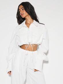 KIZN Loose Fit Drawstring Crop Button Down Office Workwear Long Sleeve Shirt Modern Professional Tailored Utility Pockets Spring Fall Everyday Essentials - White - View 3