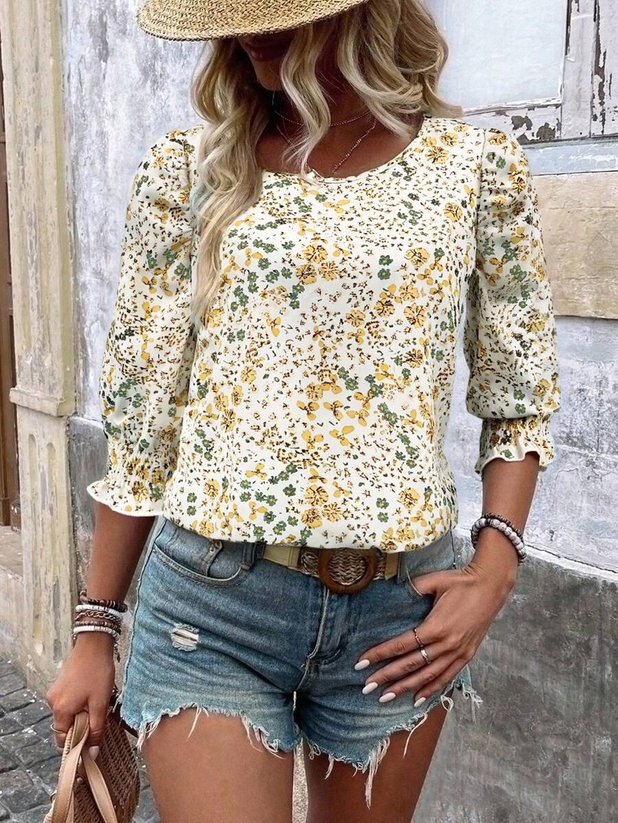 SHEIN LUNE 女式休闲碎花荷叶边袖衬衫，春夏 - 黃色 - 查看 1