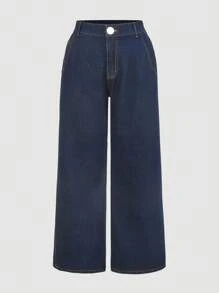 SHEIN PETITE CURVE Plus Size Summer Fall Autumn Back To School Homecoming Halloween Clothes Basic Stockholm Y2k Cute 2000s Style Streetwear Goth Old Money Modest Vintage Country Business Casual Woman Business Casual Woman Office For Women Airport For Women Church Women Teacher Plus Size Going Out Women's Pockets Wide Leg Loose Casual Versatile Blue Jeans Baggy Jeans Low Rise Jeans - Blue - View 5