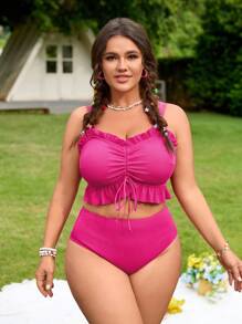 SHEIN Swim Curve 大码女式细肩带分体泳衣 - 粉色 - 查看 3