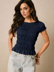 Poéselle 女士纯色褶饰修身休闲上衣，夏季 - 藏蓝色 - 查看 8