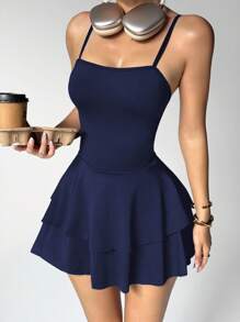 Easithlete 女式夏季带口袋细肩带荷叶边连体裤 - 藏蓝色 - 查看 6