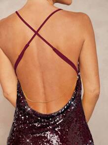 Lumalex 亮片缀饰深垂领露背金属链装饰美人鱼女裙 - 酒紅色 - 查看 6
