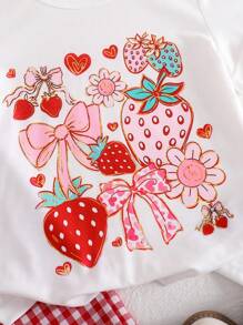 SHEIN Playful Pals Bộ 2 món cho bé gái: Áo thun tay ngắn in nơ dâu tây & Quần ống rộng vải gingham, mùa hè - Đỏ - Xem 3