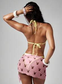 Missguided x Playboy 兔子印花沙滩纱笼裹裙夏季罩衫网眼透明面料度假村泳池沙滩裙泳衣罩泳装配件迷你长度 - 粉色 - 查看 2