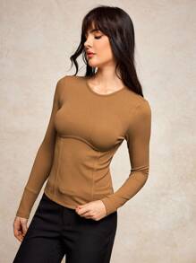 House of One Textured Knit Round Neck Fitted Top With Piping Women Casual Top Summer Fall Brown Top Fall Women Clothes Old Money Office Outfits For Women Fall Outfits Business Professional Women Business Casual Woman