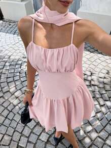SHEIN Frenchy Cute Y2K Teacher Outfits For Women - 2025 New Pink Summer Dress With Waist Cinching, Spaghetti Strap, Ruffle Design - Perfect For Vacation, Dating, Afternoon Tea, Wedding Guest, Daily & Commuting - Autumn & Summer Essential Casual - Baby Pink - View 3
