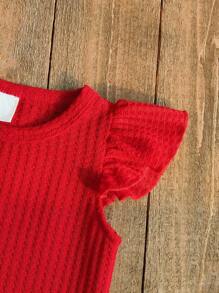 SHEIN Vintaside Kids 2 pièces/Ensemble Top à manches courtes rouge vif pour jeune fille d'été, assorti avec un pantalon en jean, décoration de broderie de cerises délicate, chic et confortable, convient pour les fêtes et le port casual à la maison