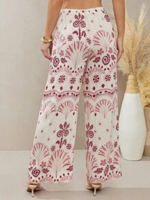 L'Amorae 女士节日花卉印花圆腰阔腿裤 - 紅白色 - 查看 4