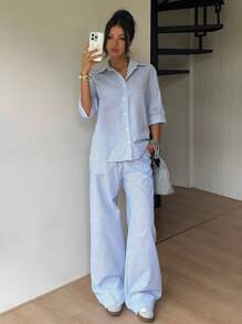 SHEIN EZwear 条纹衬衫和休闲裤套装，适合夏季度假 - 藍白色 - 查看 6