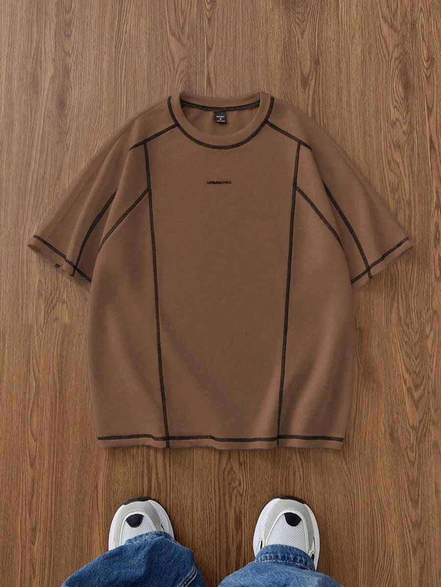 Manfinity Unisex 男士休闲宽松短袖针织T恤，情侣装 - 棕色 - 查看 1