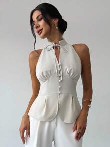 Firerie Áo cánh không tay đơn giản thanh lịch cổ đứng buộc phía trước viền bèo nhún cho nữ, Áo sơ mi đi làm hàng ngày, Quần áo mùa xuân/hè, Thích hợp để đi làm, Thanh lịch, Kỳ nghỉ, Bãi biển, Bohemian, Hawaii, Trang phục công sở - Màu be - Xem 9