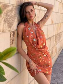 Aloruh 女士橙色亮片刺绣低胸迷你连衣裙