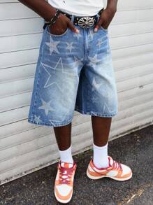 ROMWE MEN Street Life Shorts in jeans casual e ampi con stampa a pentagono sulla tasca, da uomo - Blu - Visualizzare 8