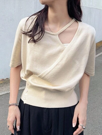 FRIFUL 女士纯色镂空设计短袖针织上衣，夏季度假风