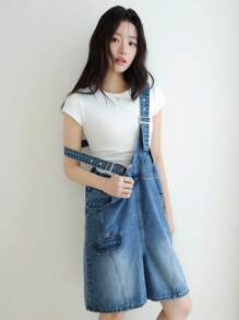 K-Vae 女士全牛仔蓝色复古风格牛仔背带裤、返校服、女士机场装、女士教师装、女士外出上衣、女士生日装、女士办公室装 - 水鴨藍 - 查看 4