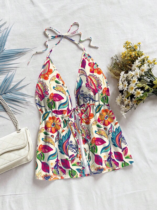 Soleia Soleia Women's Vacation Vintage Vacation Colorful Paisley Retro Print V-Neck Tie Back Textured Fabric Top, Suitable For Holiday Dates, Afternoon Tea, Parties, Beach, Cruise, Island Vacation, Road Trip, Music Festivals, Boho Vacation, Can Be Worn As Outerwear Or Innerwear Suitable For Going Out
