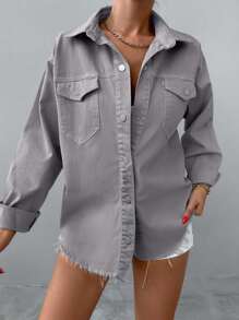 RueChic 女式翻領磨邊牛仔夾克 - 灰色 - 查看 5