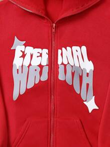 SHEIN 男童休闲字母印花保暖拉链卫衣，秋冬季，圣诞节 - 紅色 - 查看 4