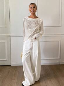 DAZY Dessus ample transparent et semi-transparent de couleur unie minimaliste et décontracté pour les vacances, avec ourlet enveloppant et détails ajourés