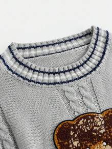 Teen Girls Crew Neck Loose Knit Sweater Top With Cute Bear Patch Design, Collegiate Style,In Fall/Winter - Grey - View 6