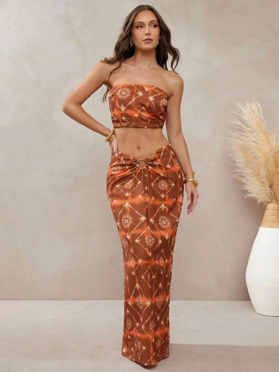 Boho Tile Print Ruched Summer Skirt With Wood O-Ring Ornament Detail - Brown - View 1