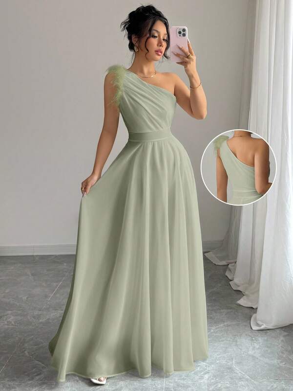 Modelyn Vestido romántico con un hombro y fruncido, estilo vintage francés elegante para mujer