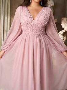 Aureia 大码秋季优雅浪漫莲花粉色奢华电脑串珠设计深V领灯笼袖蓬蓬裙，适合晚宴、单身派对、约会、生日、度假、毕业季、返校季、婚礼、舞会、返校节、生日、复古、情人节等场合。 - 藕粉色 - 查看 6
