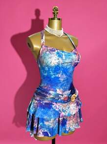 Slaydiva 2025 夏季新款音乐节、复活节、西部风情、游牧风、派对、泳池性感、度假、邮轮旅行、海滩、日光浴、时尚名人、度假、甜美、性感、透视、飘逸、半透明、舒适、梦幻夜空与海洋蓝色印花、精致金属贝壳装饰、双褶边下摆女式迷你连衣裙 - 藍色 - 查看 6